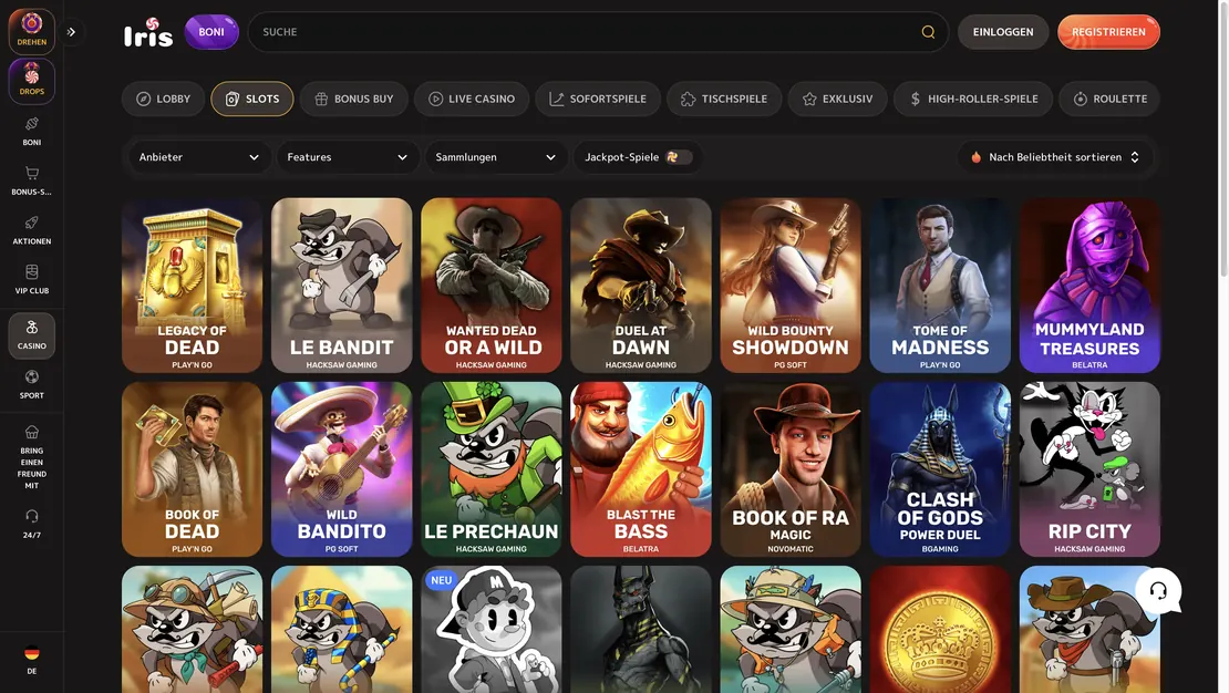 Slot-Lobby bei IRIS Casino mit Filtern nach Anbieter und Feature